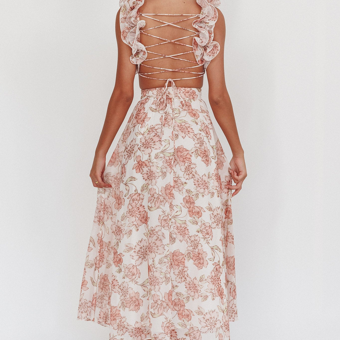 Madara Lace-Up Back Maxi Dress Floral Peach 3