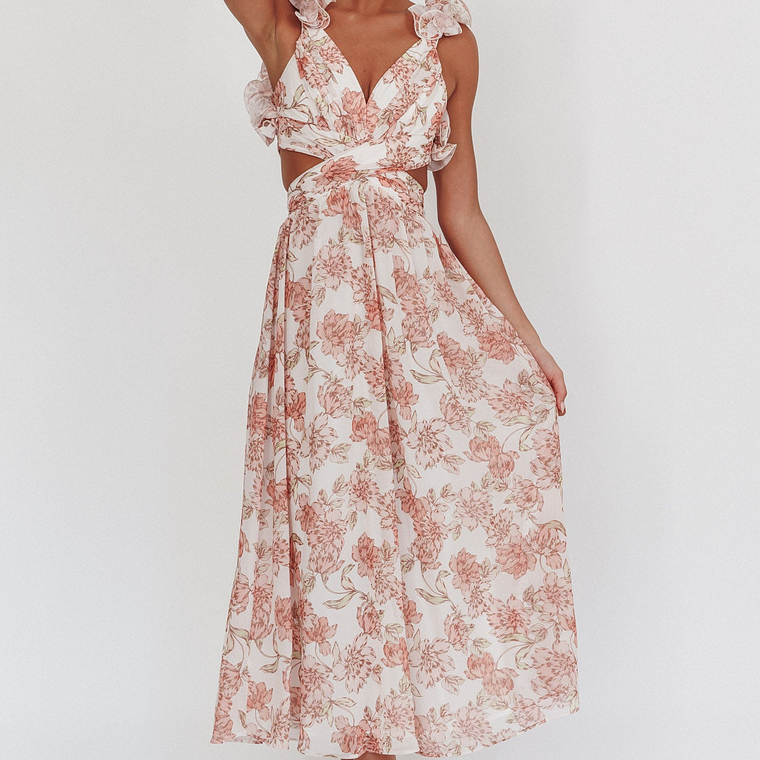 Madara Lace-Up Back Maxi Dress Floral Peach 6