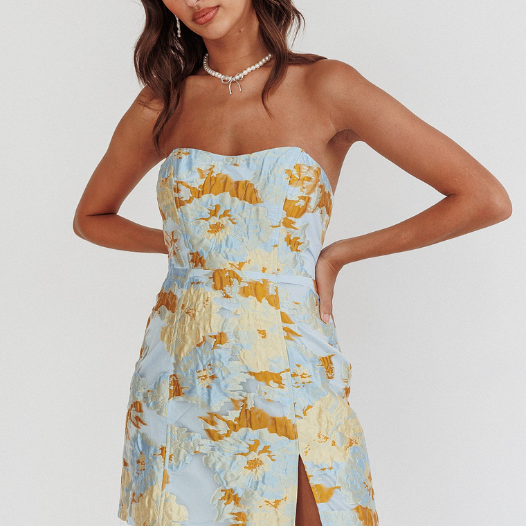 Marlina Strapless Jacquard Mini Dress Blue 1