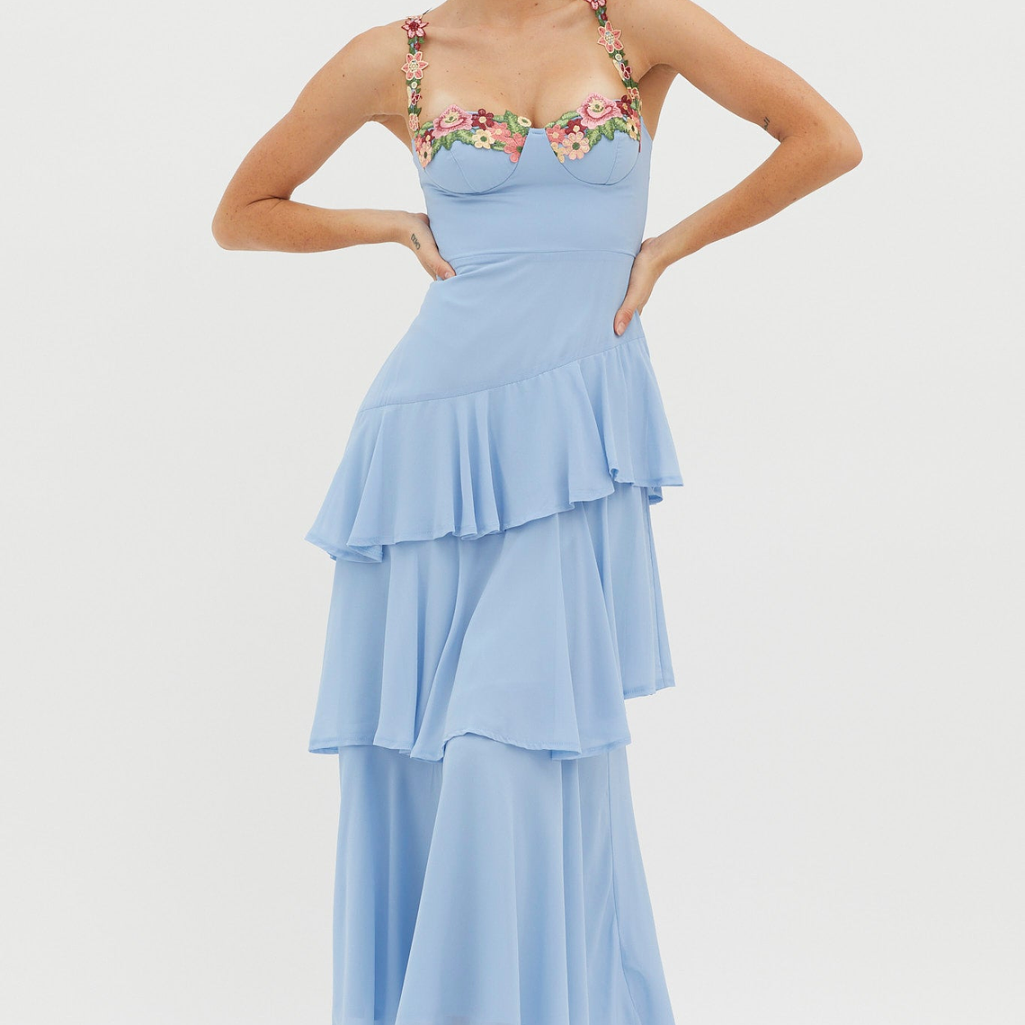 Rose Garden Tiered Ruffle Floral Trim Dress Blue 1