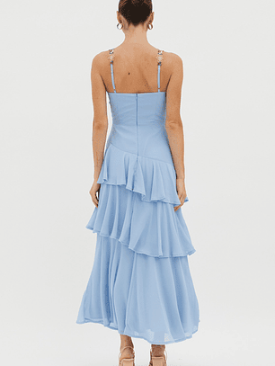 Rose Garden Tiered Ruffle Floral Trim Dress Blue