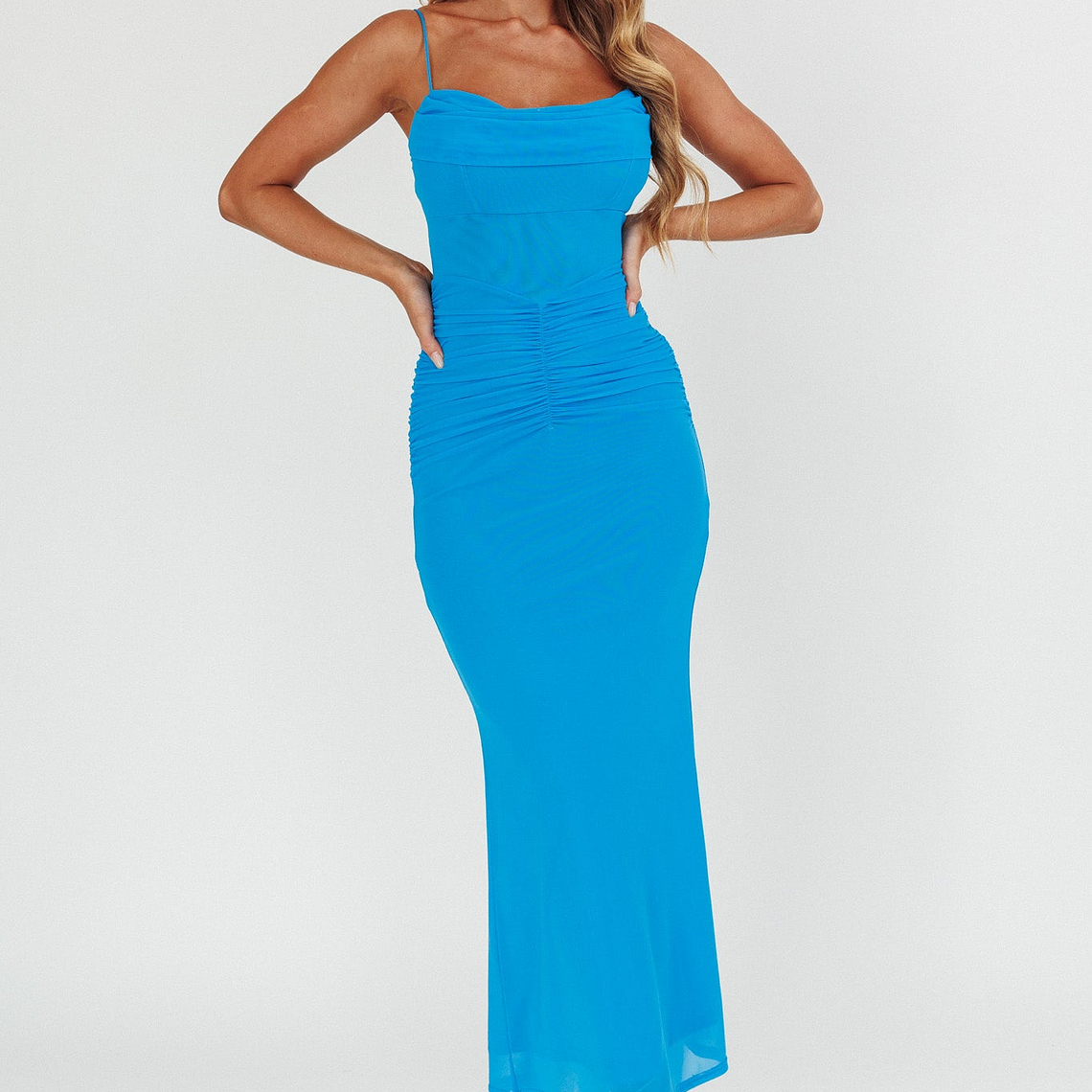 Morella Ruched Waist Mesh Maxi Dress Blue 1