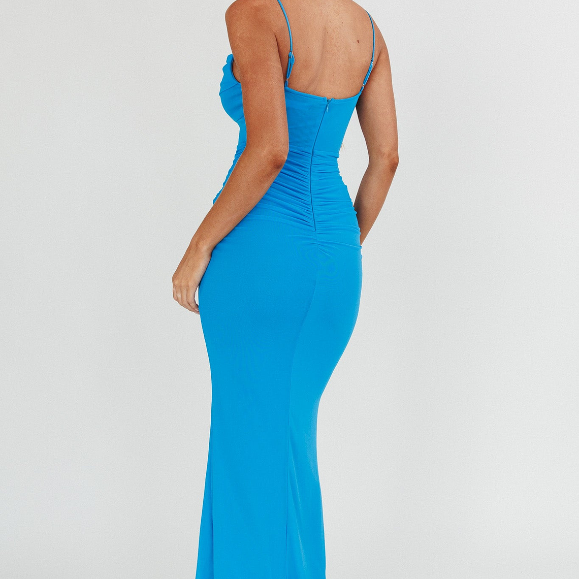 Morella Ruched Waist Mesh Maxi Dress Blue 2