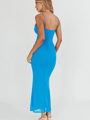 Morella Ruched Waist Mesh Maxi Dress Blue