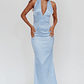 Italia Azure Pleat Bodice Halterneck Maxi Dress Light Blue - thumbnail 1