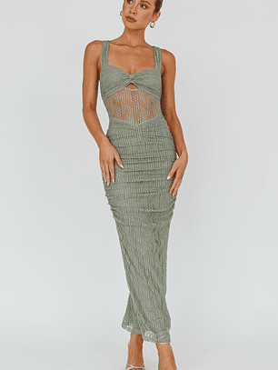 Oliana Embroidered Mesh Midi Dress Fern