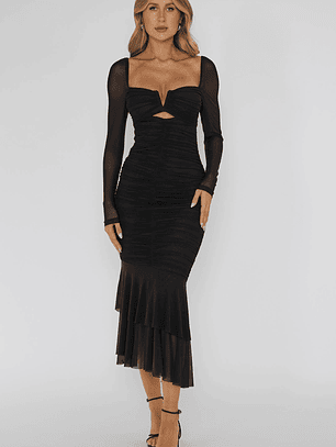 Nadia Long Sleeve Fishtail Midi Dress Black