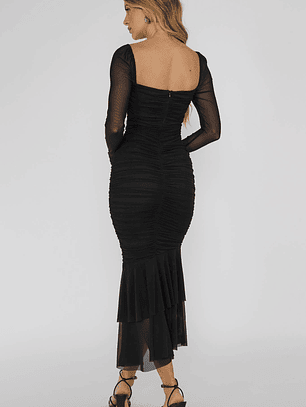 Nadia Long Sleeve Fishtail Midi Dress Black