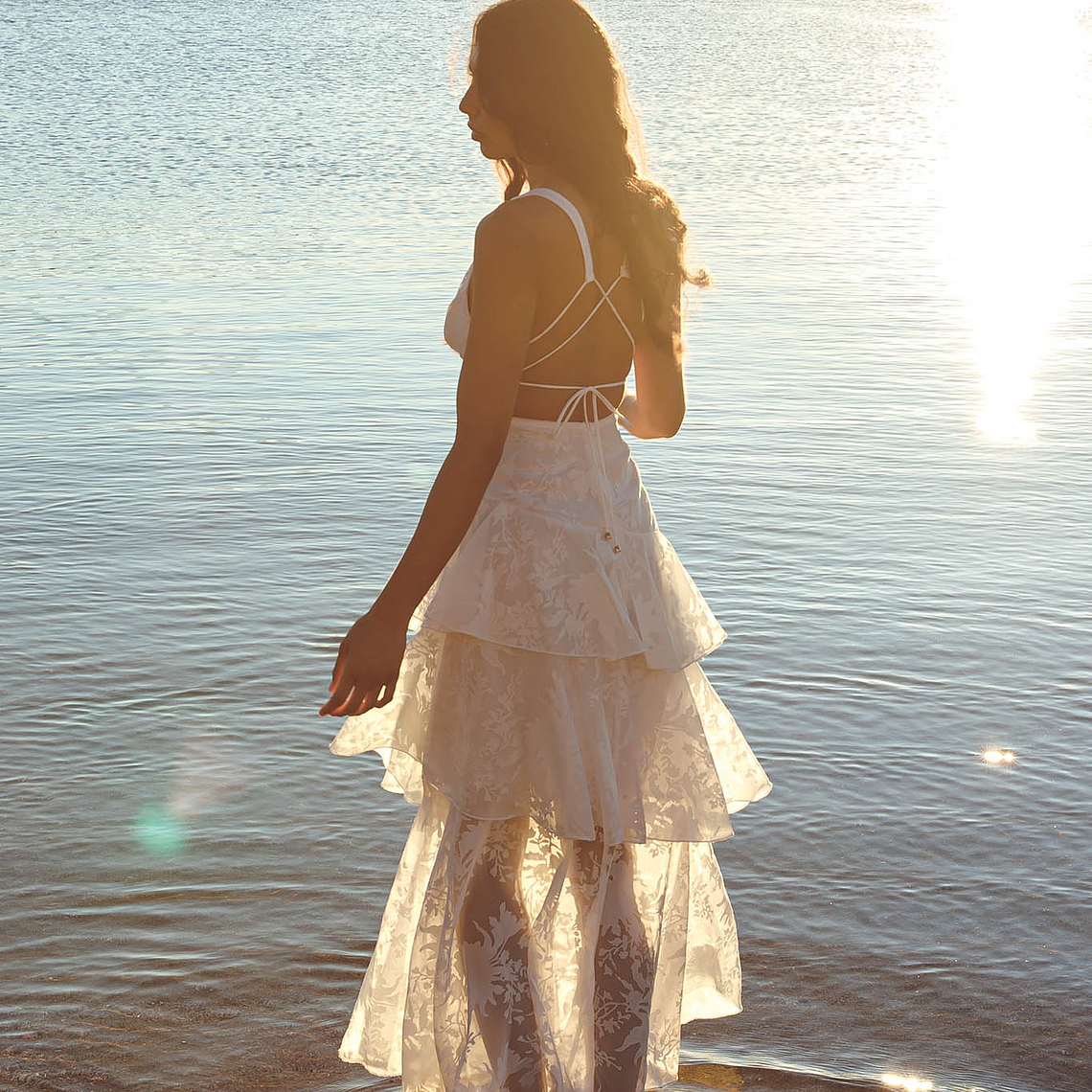 Veda Strappy Back Ruffle Chiffon Maxi Dress White 2