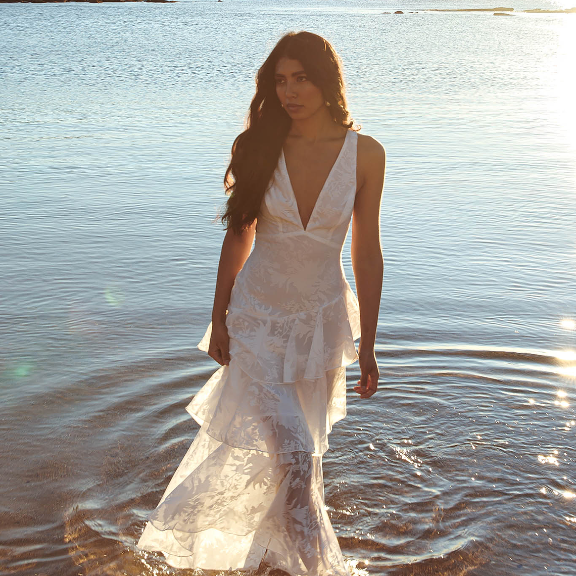 Veda Strappy Back Ruffle Chiffon Maxi Dress White 3