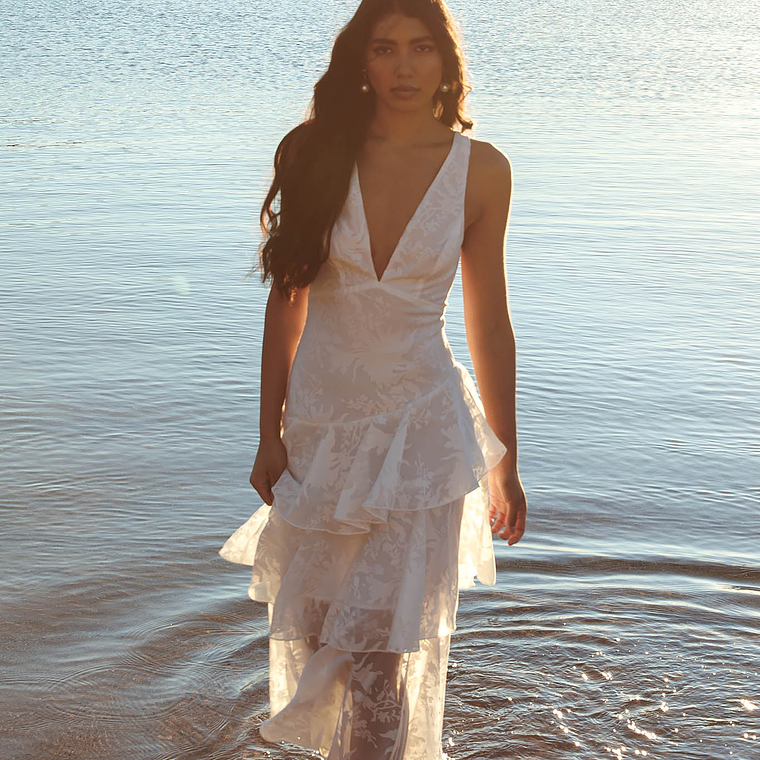 Veda Strappy Back Ruffle Chiffon Maxi Dress White 4