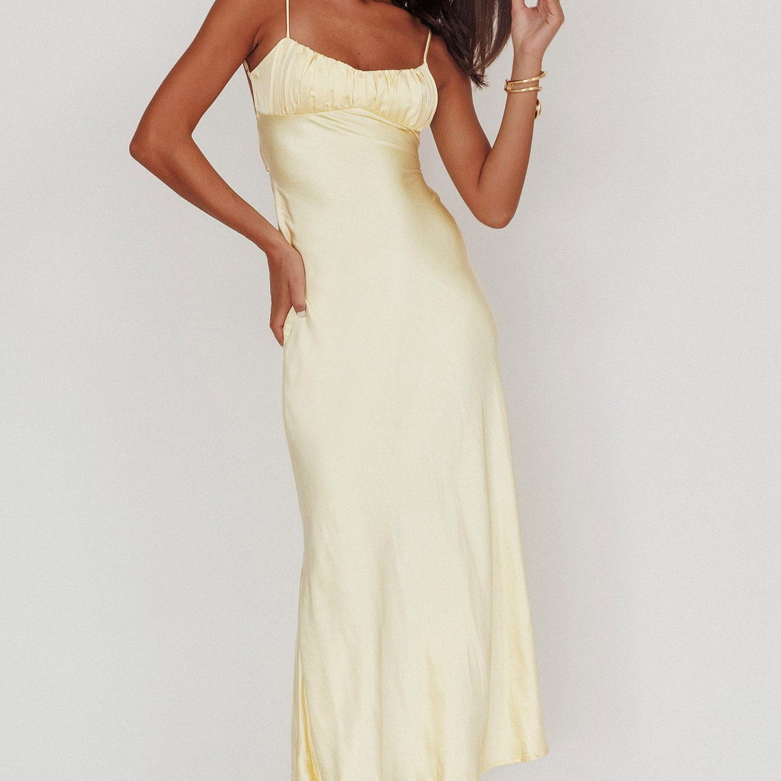 Nerida Twist Back Satin Maxi Dress Lemon 1