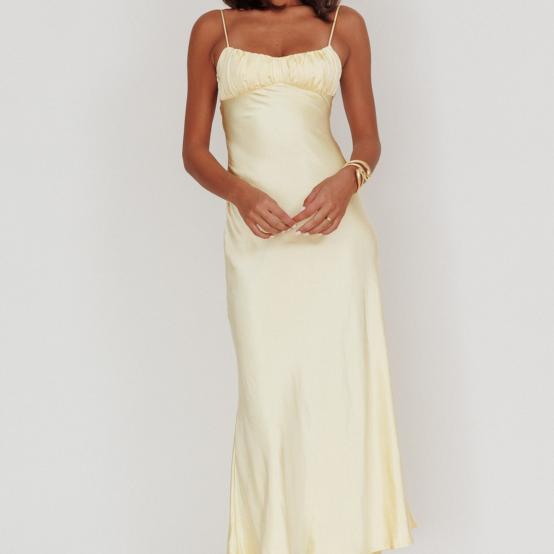 Nerida Twist Back Satin Maxi Dress Lemon 3