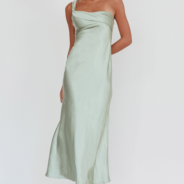 Carmel One-Shoulder Sash Maxi Dress Sage 1