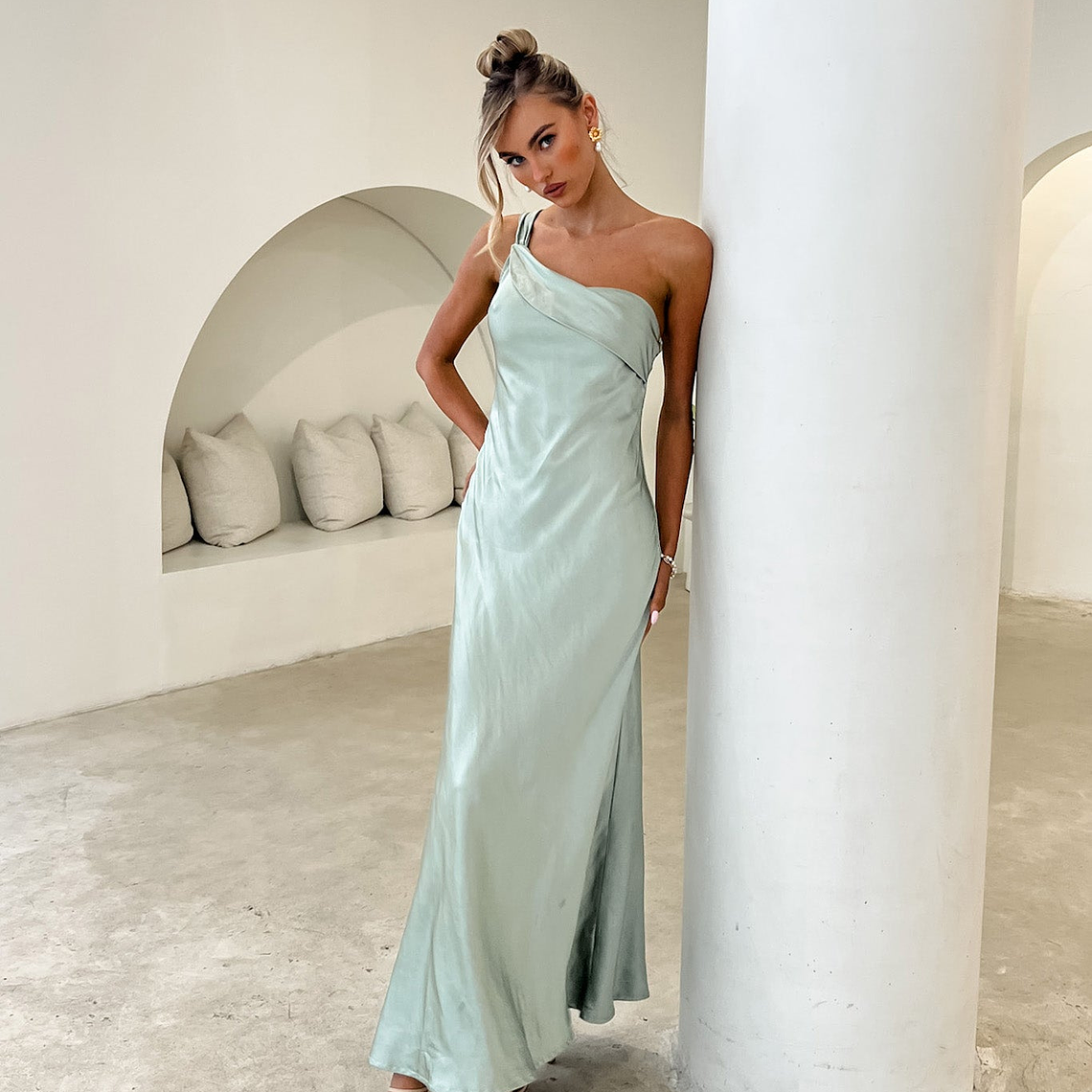 Carmel One-Shoulder Sash Maxi Dress Sage 2