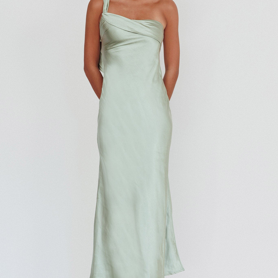 Carmel One-Shoulder Sash Maxi Dress Sage 4