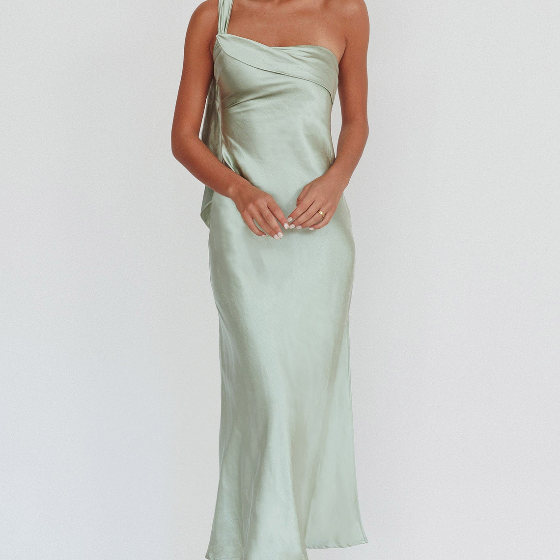 Carmel One-Shoulder Sash Maxi Dress Sage 6