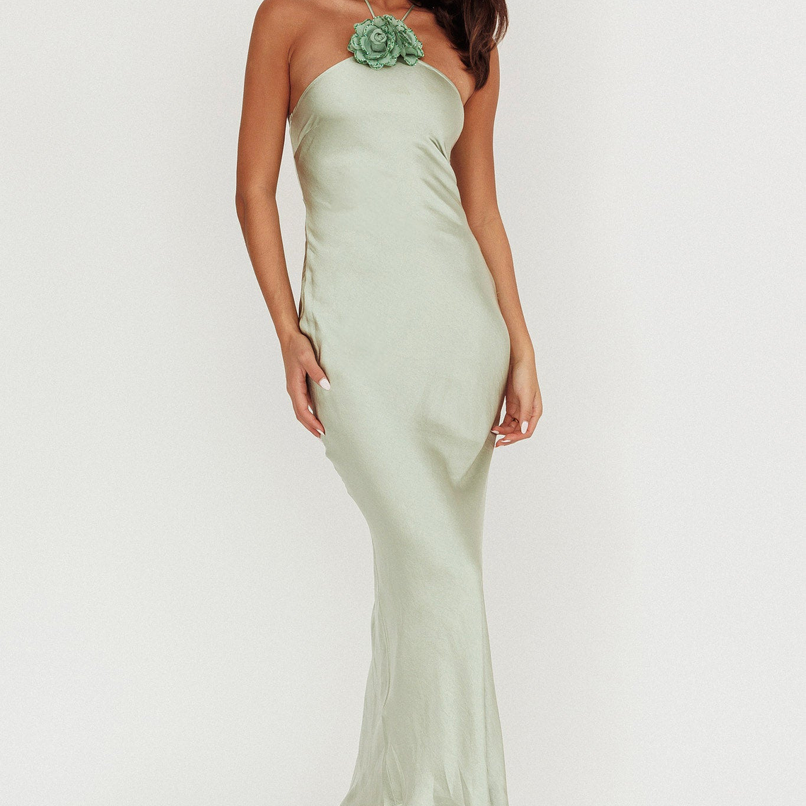 High Roller Flower Decoration Halter Dress Sage 1