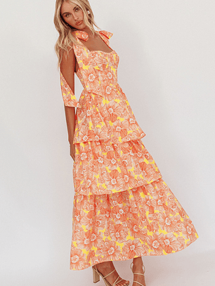 Arlowe Tied Shoulder Tiered Midi Dress Floral Orange