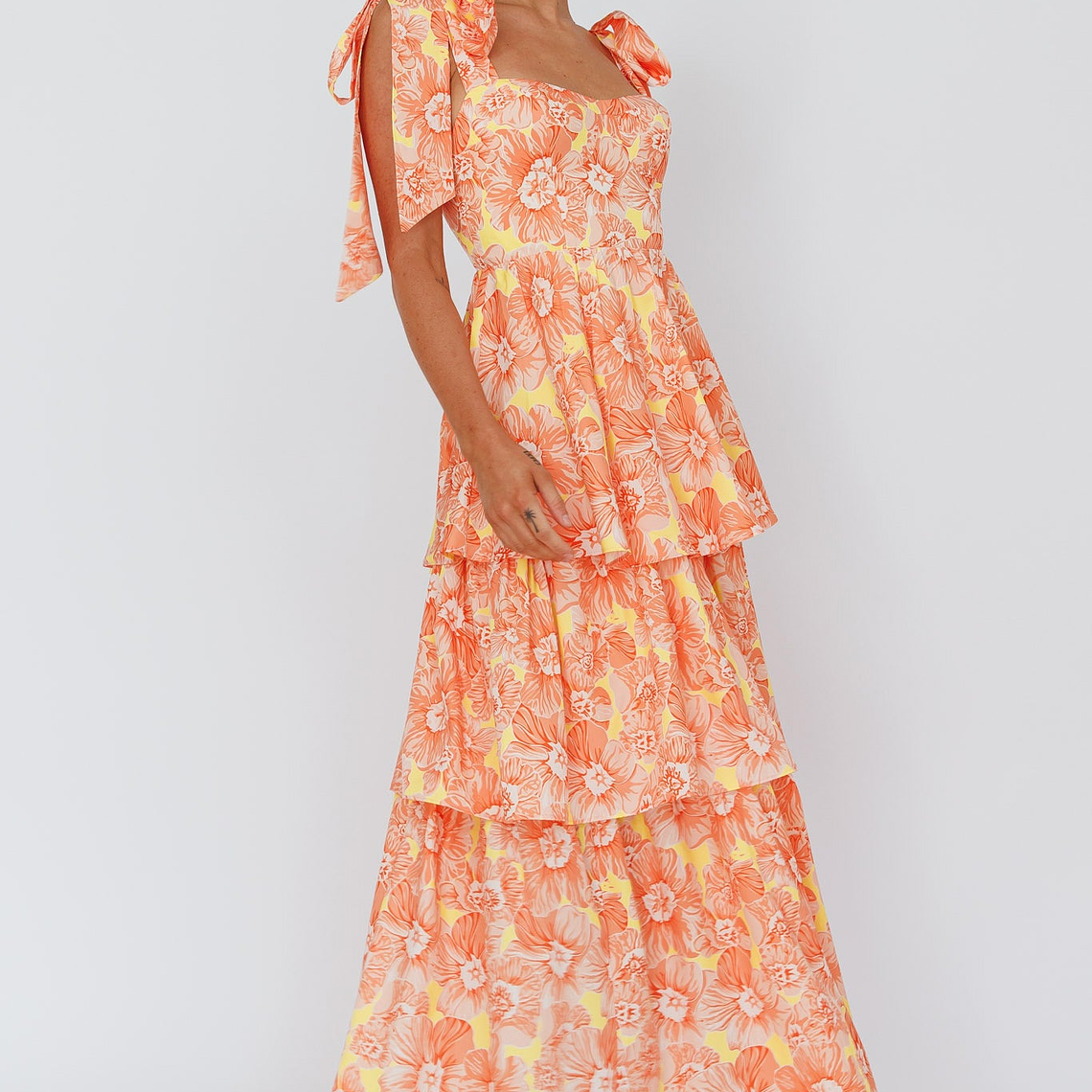 Arlowe Tied Shoulder Tiered Midi Dress Floral Orange 2