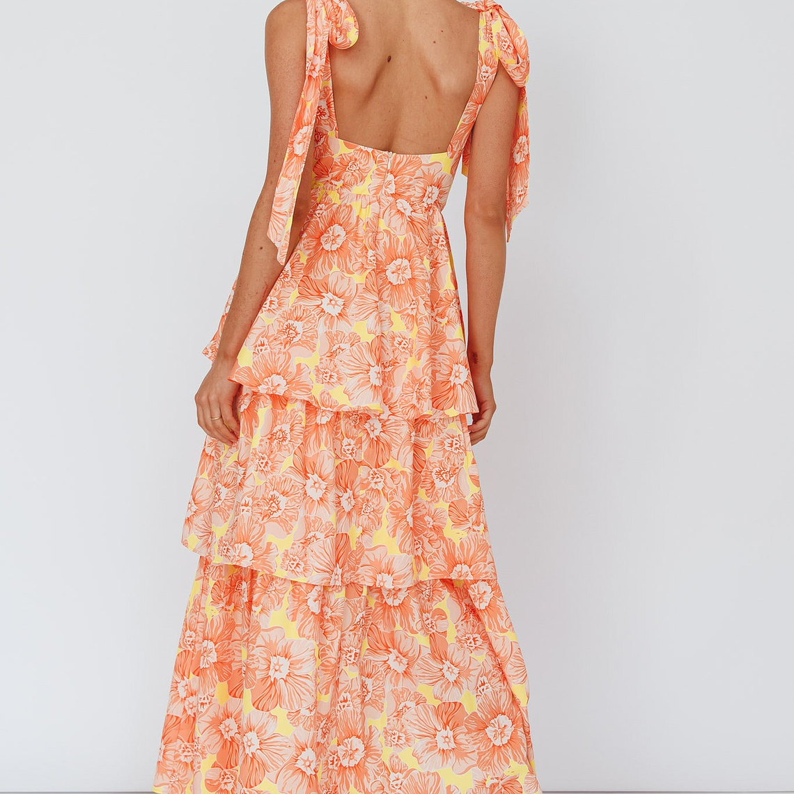 Arlowe Tied Shoulder Tiered Midi Dress Floral Orange 3