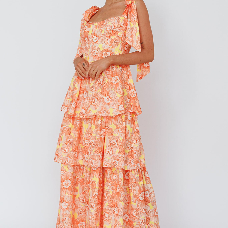 Arlowe Tied Shoulder Tiered Midi Dress Floral Orange 6