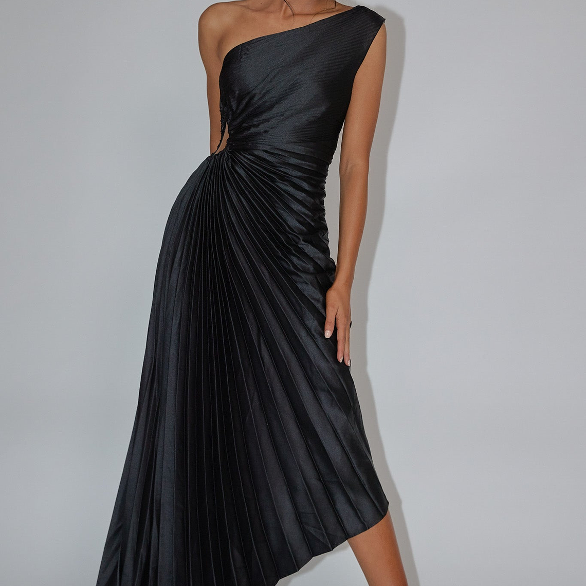Brooklynn One-Shoulder Accordion Pleat Dress Black 1