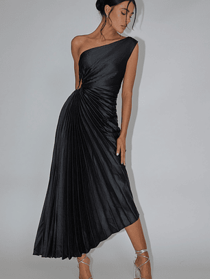 Brooklynn One-Shoulder Accordion Pleat Dress Black