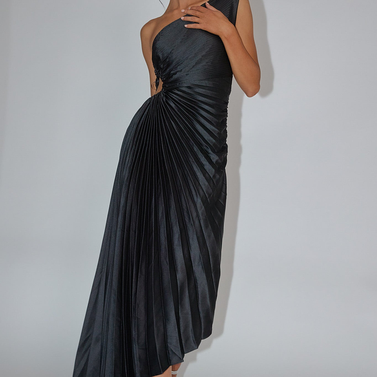 Brooklynn One-Shoulder Accordion Pleat Dress Black 5