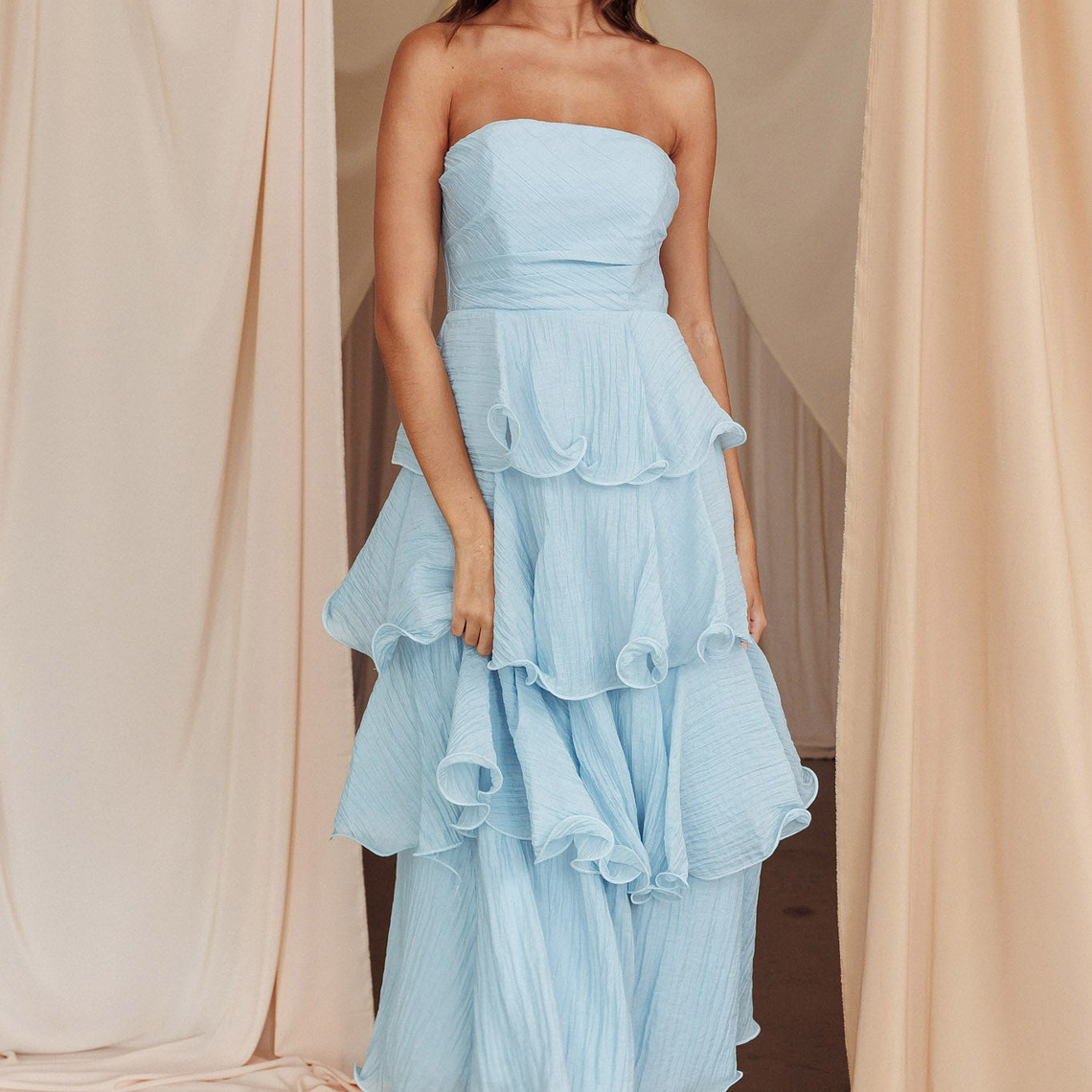 Giavana Strapless Layered Midi Dress Pale Blue 3