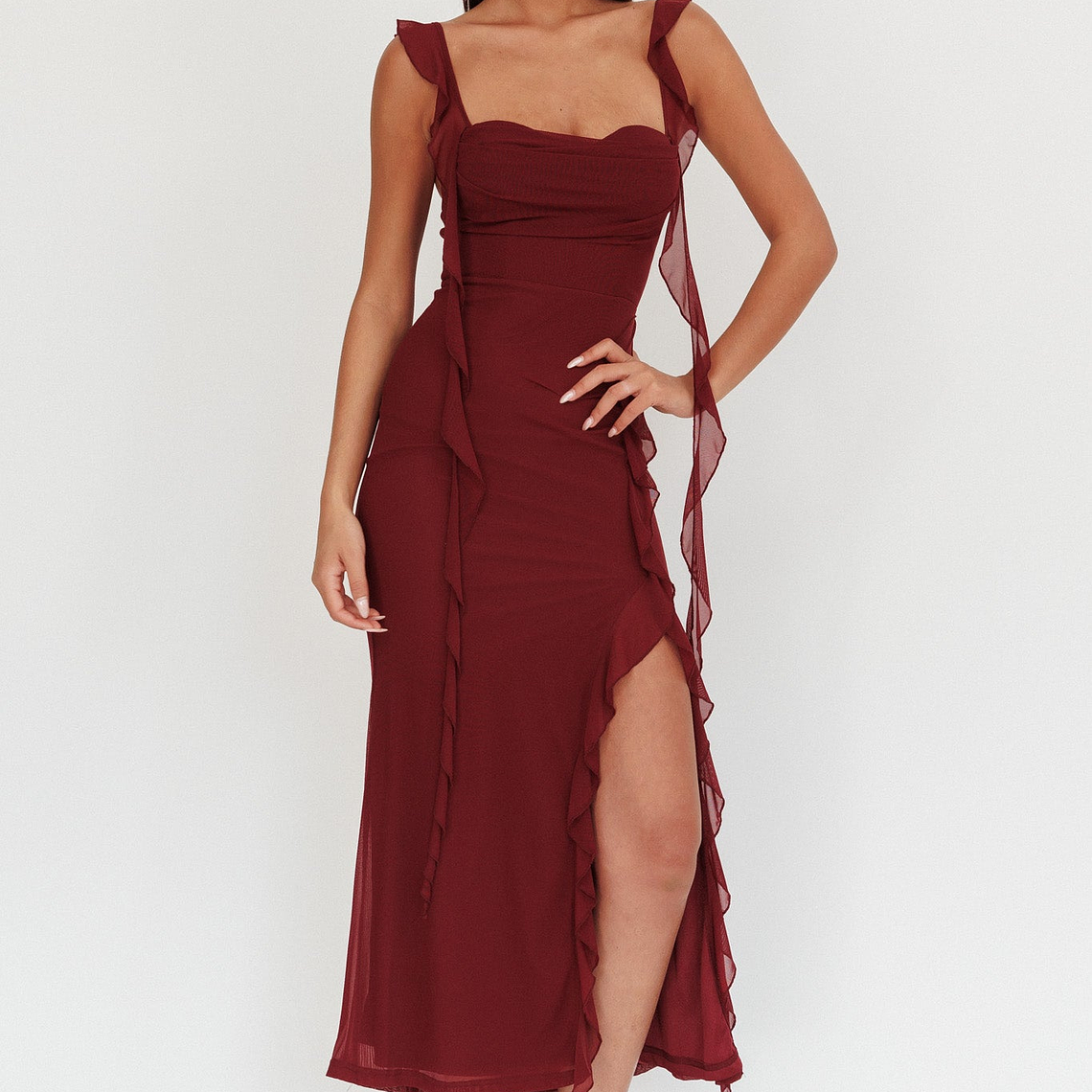 Blushing Ruffle Trim Maxi Dress Wine 1