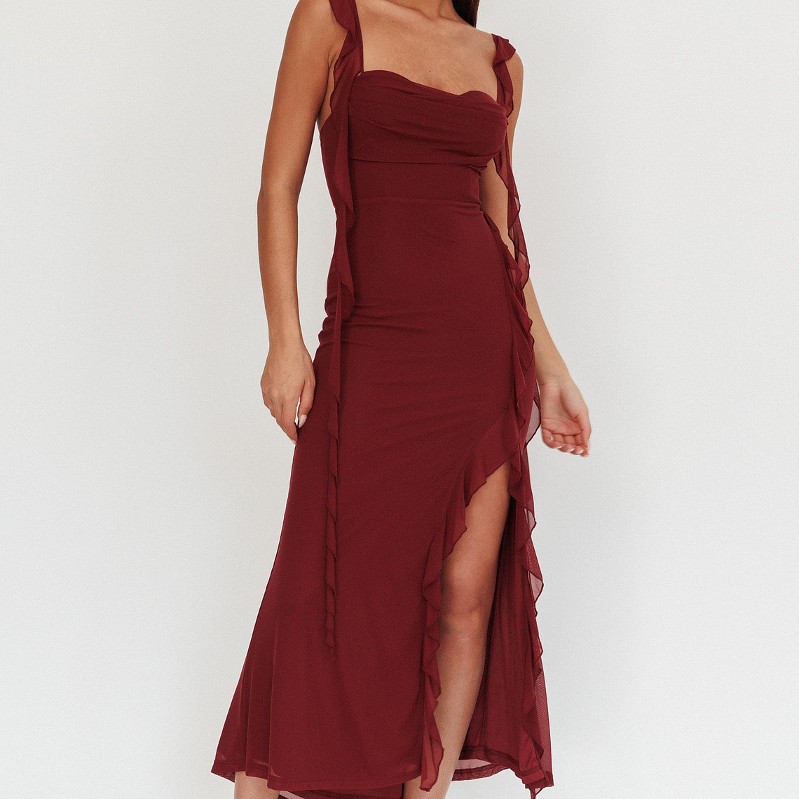 Blushing Ruffle Trim Maxi Dress Wine 5