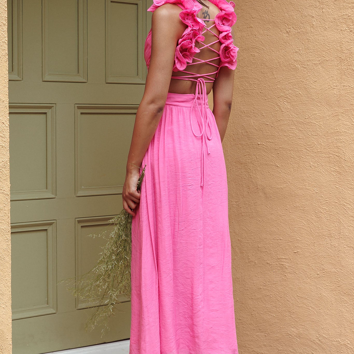 Madara Laced Back Ruffle Dress Hot Pink 2