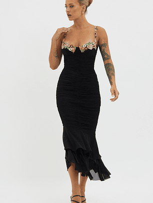 Rose Garden Ruched Mesh Midi Dress Black