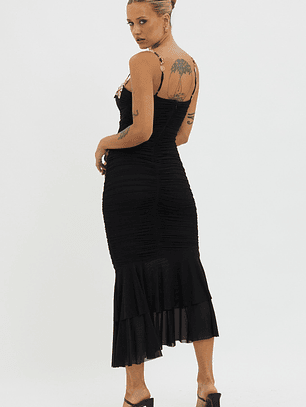 Rose Garden Ruched Mesh Midi Dress Black