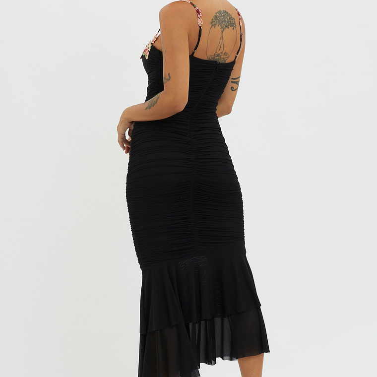 Rose Garden Ruched Mesh Midi Dress Black 2