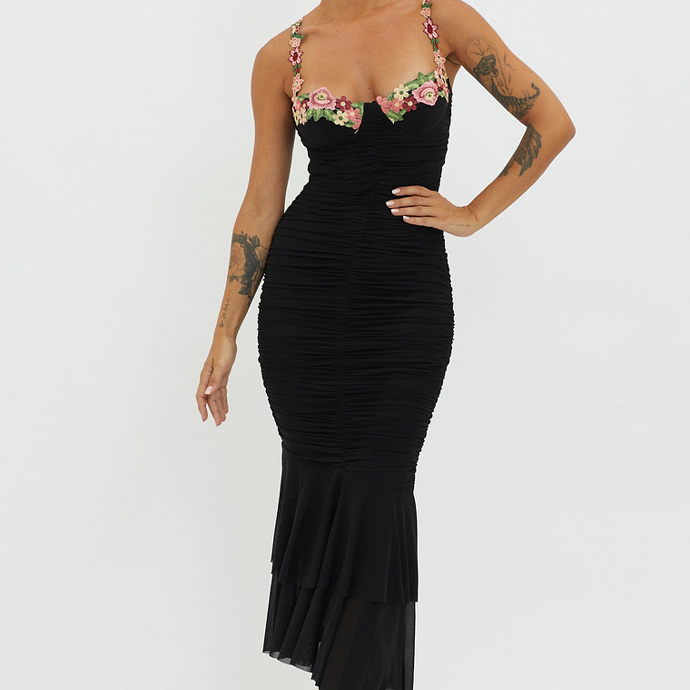 Rose Garden Ruched Mesh Midi Dress Black 3