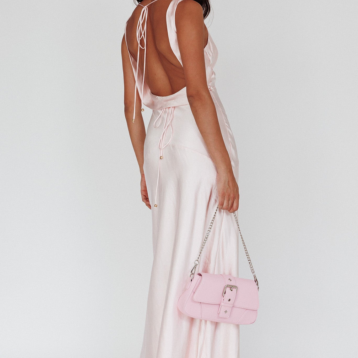 Cassiopeia Open Back String Tie Maxi Dress Powder Pink 2