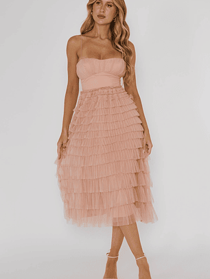 Garden Party Tiered Frill Midi Dress Blush