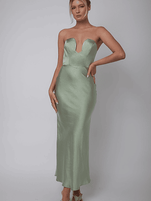 Encore Strapless Satin Maxi Dress Olive