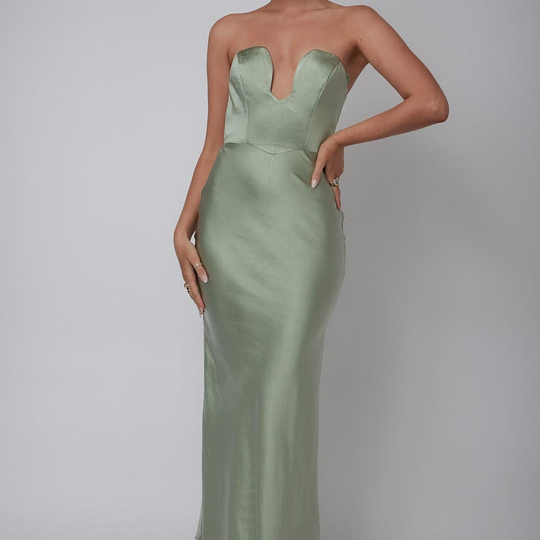 Encore Strapless Satin Maxi Dress Olive 1