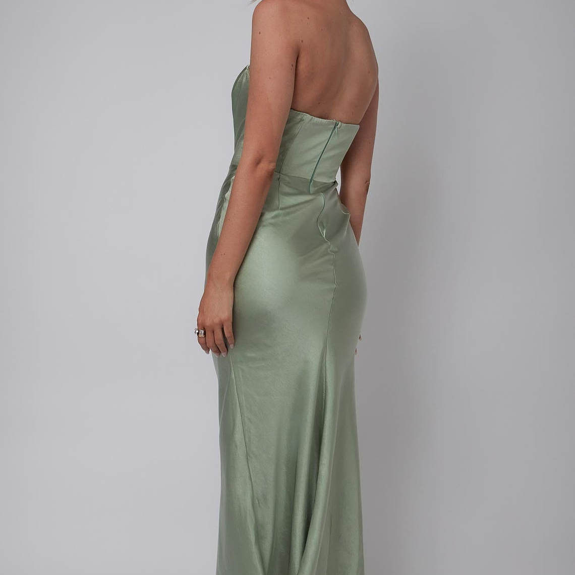 Encore Strapless Satin Maxi Dress Olive 3