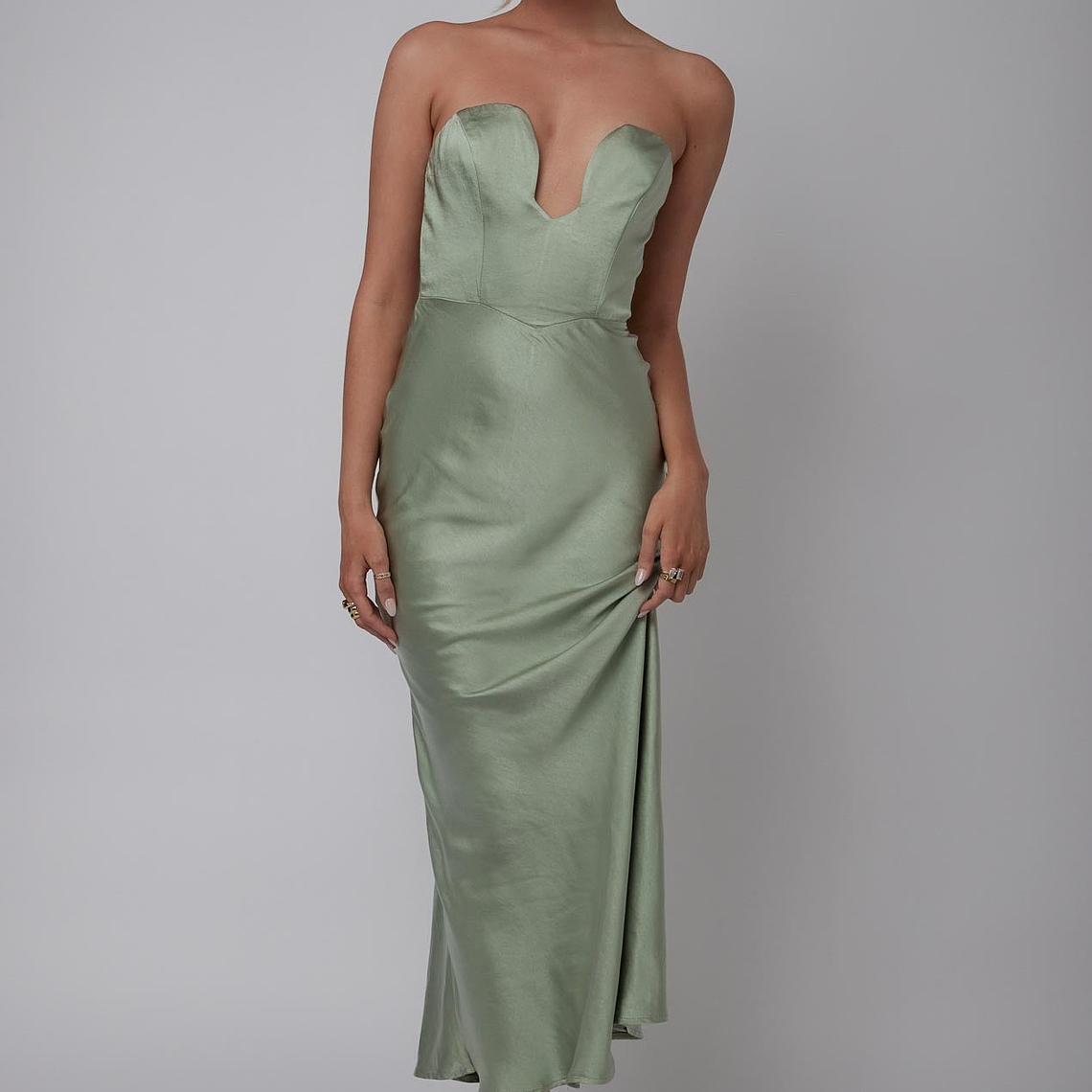 Encore Strapless Satin Maxi Dress Olive 4