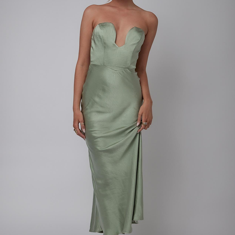 Encore Strapless Satin Maxi Dress Olive 4