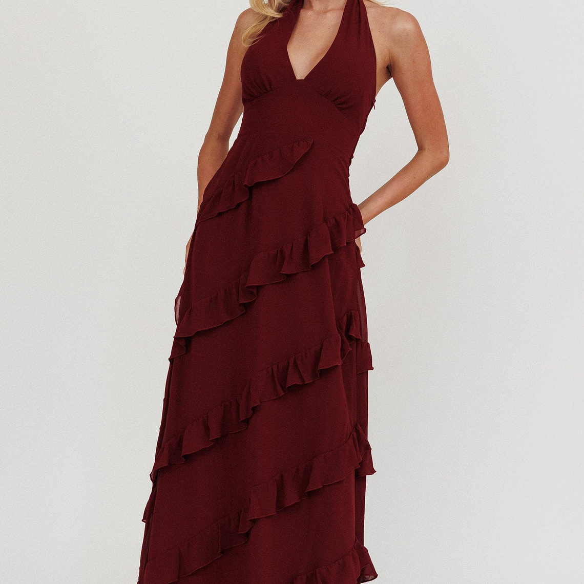 Flirt Frill Trim Halter Maxi Dress Wine 1