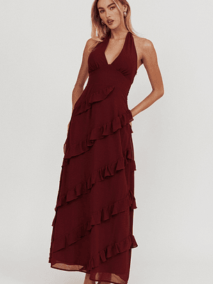 Flirt Frill Trim Halter Maxi Dress Wine