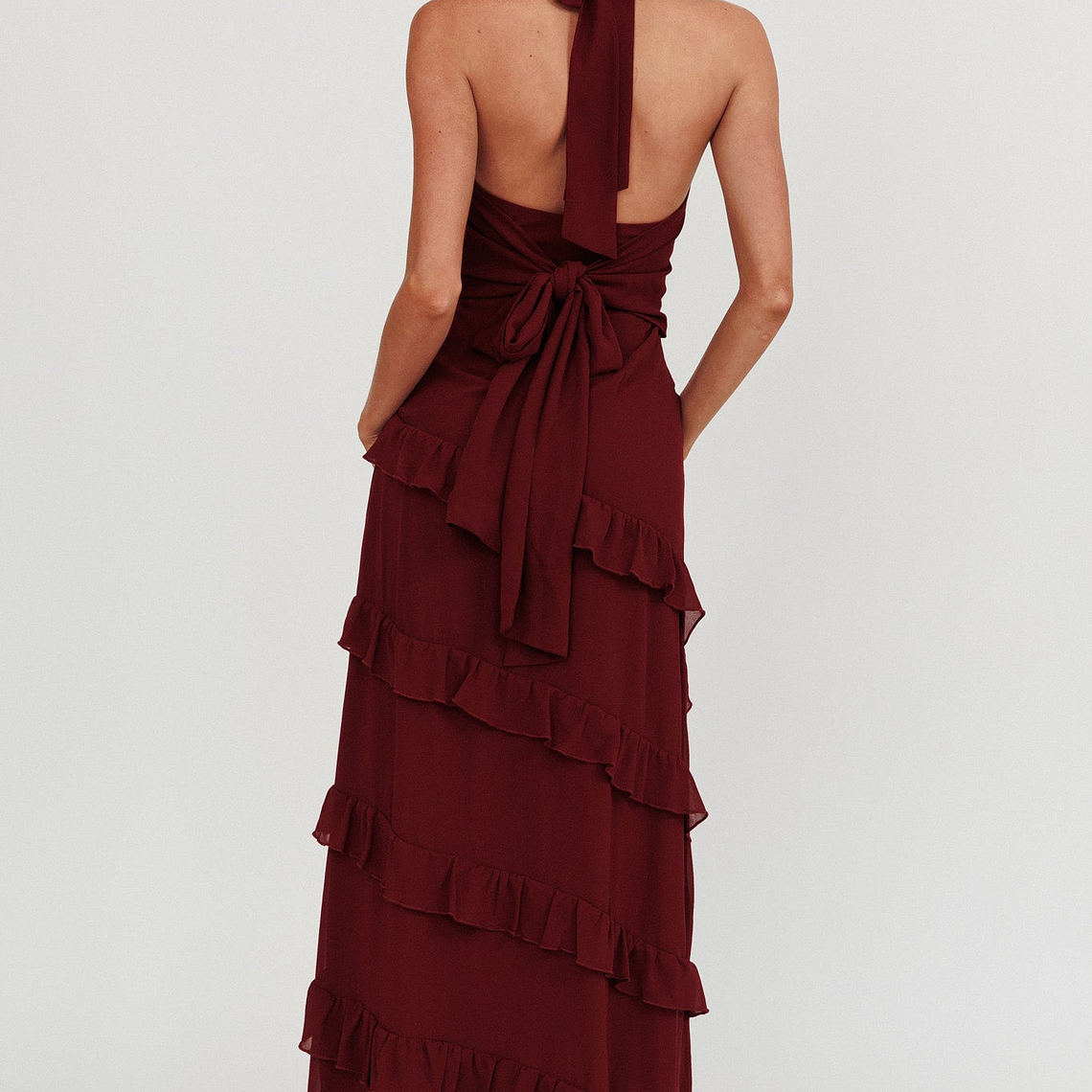Flirt Frill Trim Halter Maxi Dress Wine 2