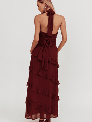 Flirt Frill Trim Halter Maxi Dress Wine