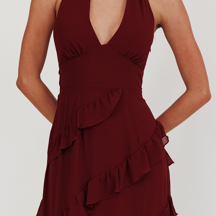 Flirt Frill Trim Halter Maxi Dress Wine 3