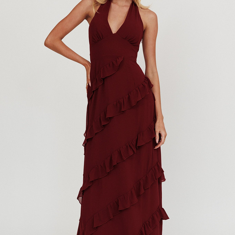 Flirt Frill Trim Halter Maxi Dress Wine 5
